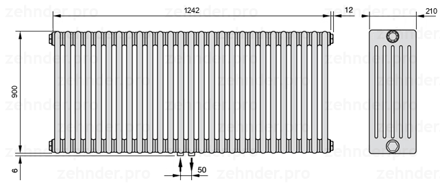 Схема (чертеж) Радиатор Zehnder Charleston 6090/27 №3470 Белый глянцевый RAL 9016